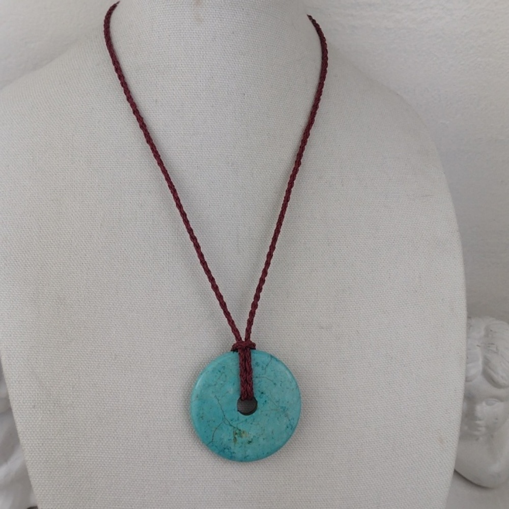Turquoise Stone Disc Pendant Necklace With Red Magenta Braided Leather Cord
